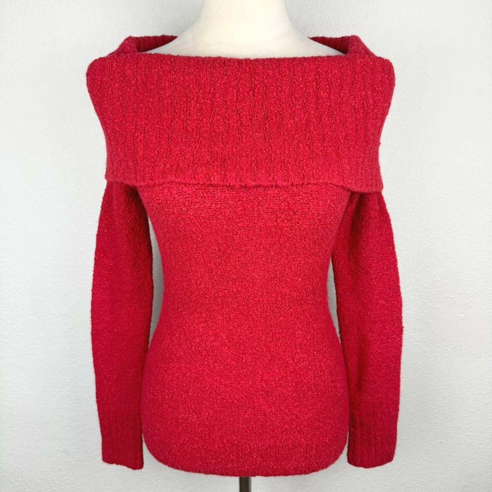 VTG Y2K Moda International Red Boucle Wool Blend Portrait Collar Sweater Small